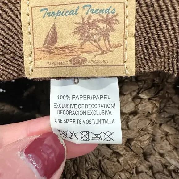 Tropical Trends Women’s Straw Hat Brown Flower Trim One Size Summer Wide Brim - Picture 6 of 8